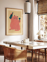 Humorous red cat wall art illustration holding a wine bottle and glass on a light yellow background. - Image 2