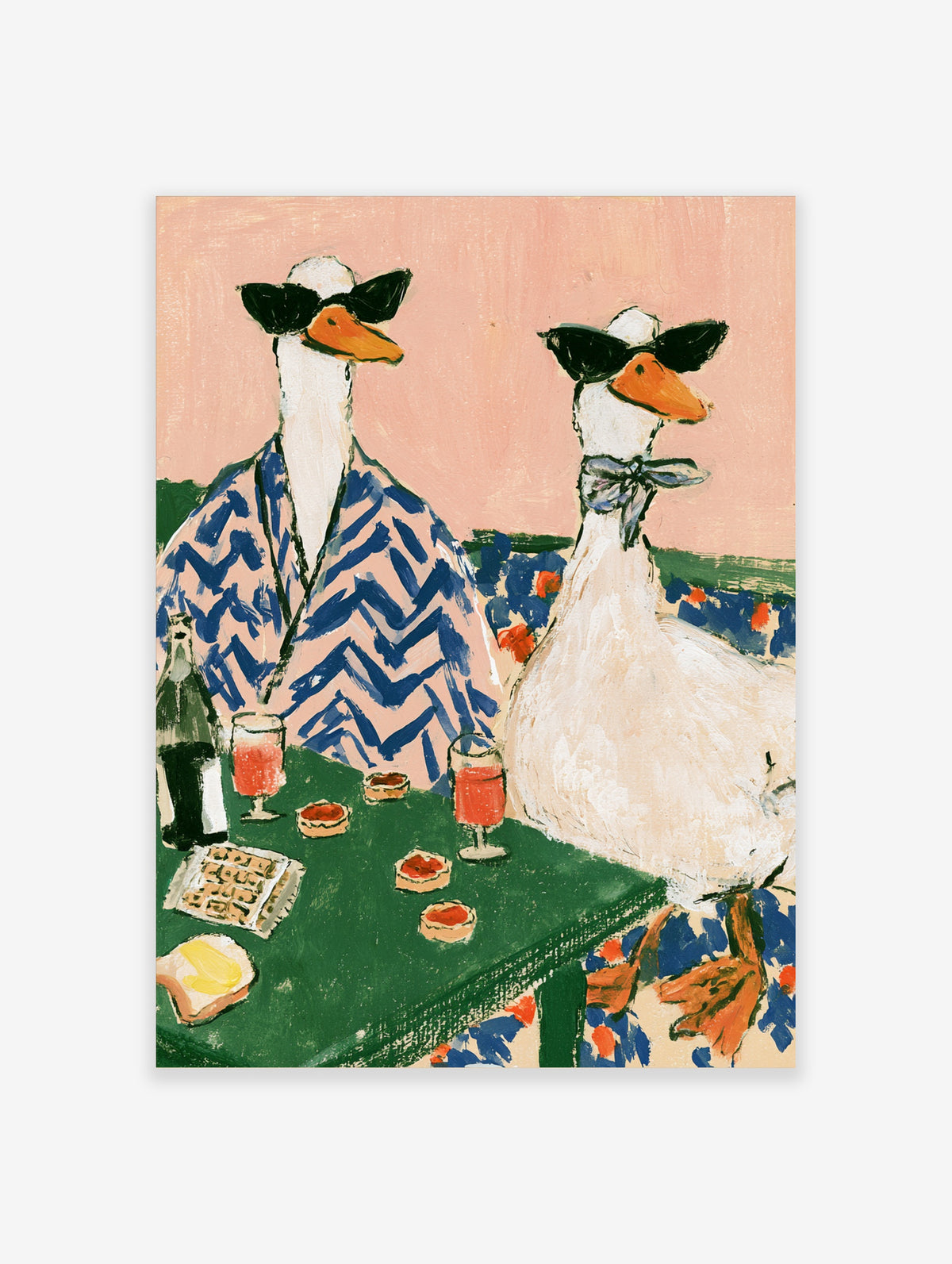 Funny duck poster with two white ducks in sunglasses and robes at a green table with drinks and tarts