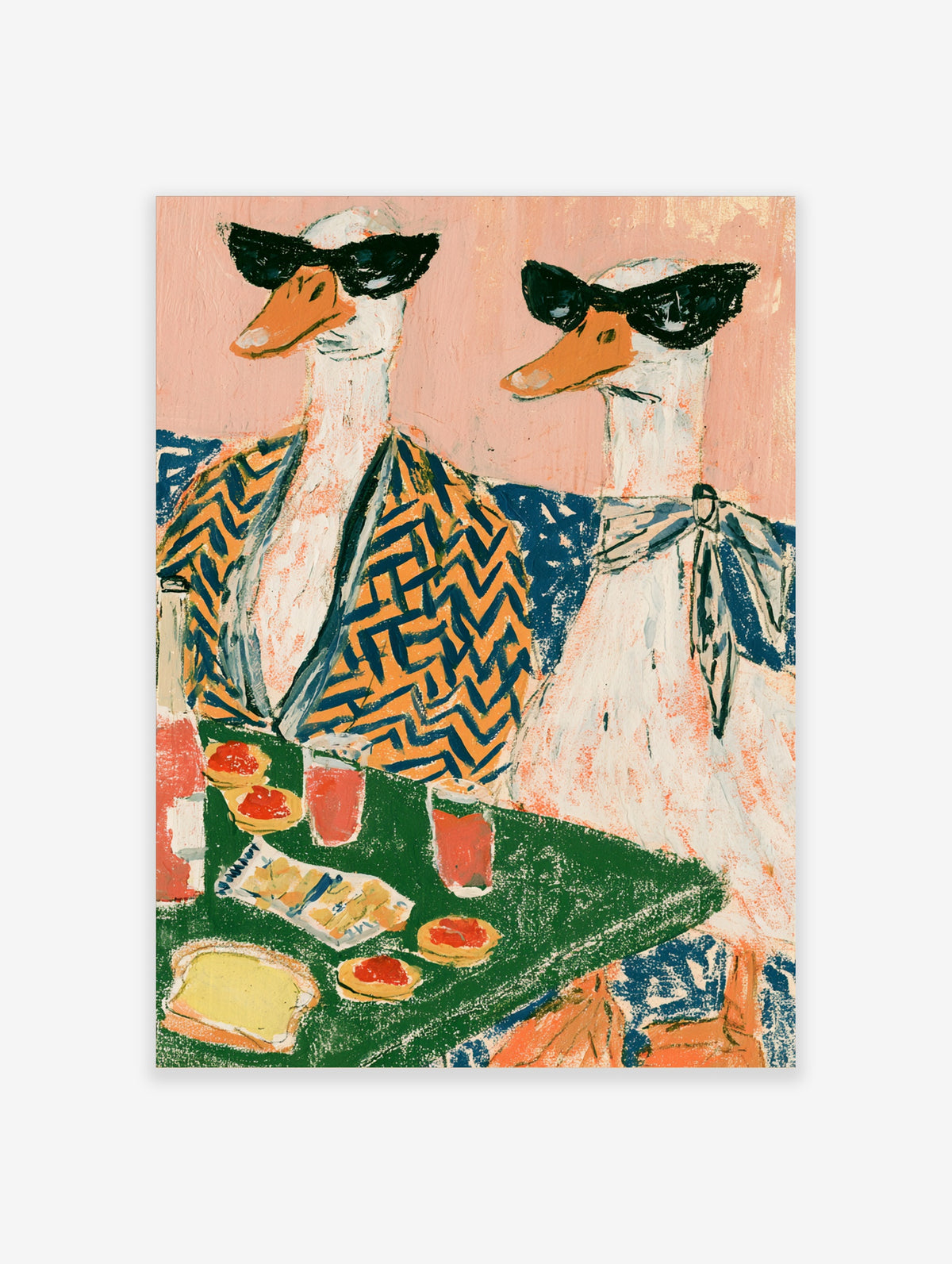 Two white geese in sunglasses at a green table with toast and juice, quirky duck poster