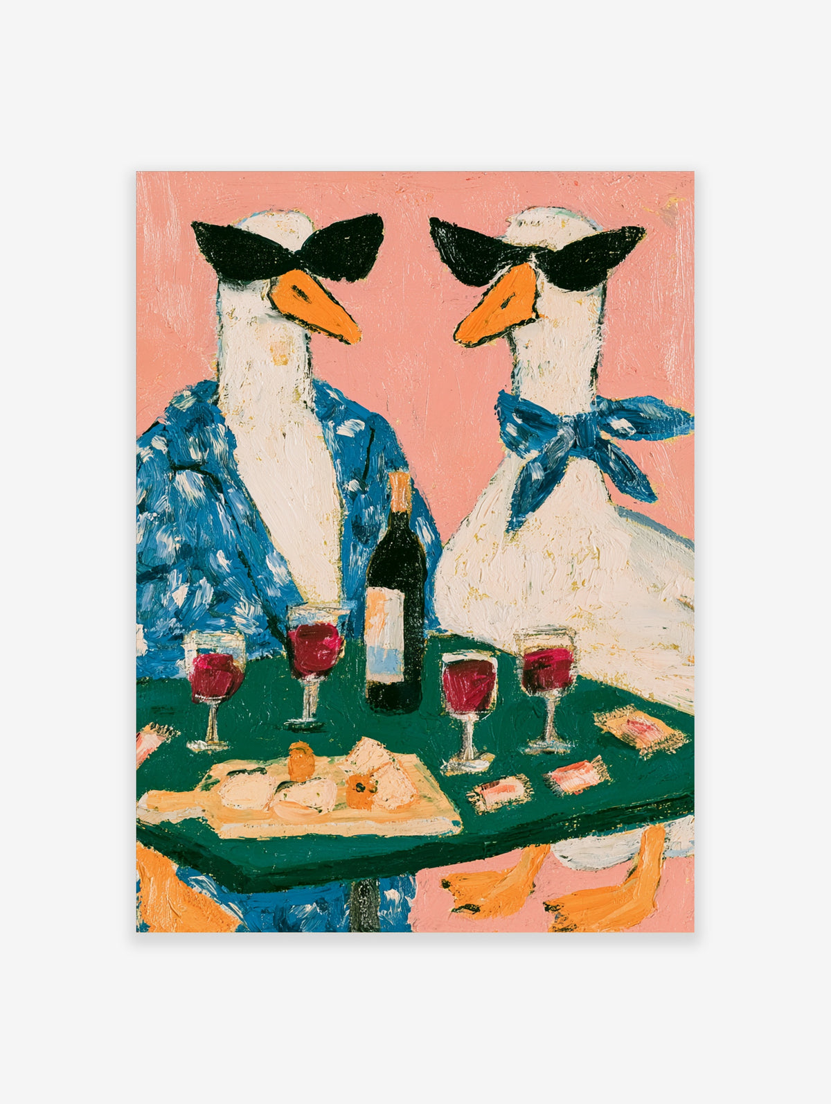 Funny duck poster of two white ducks in sunglasses and blue clothing at a table with wine and cheese