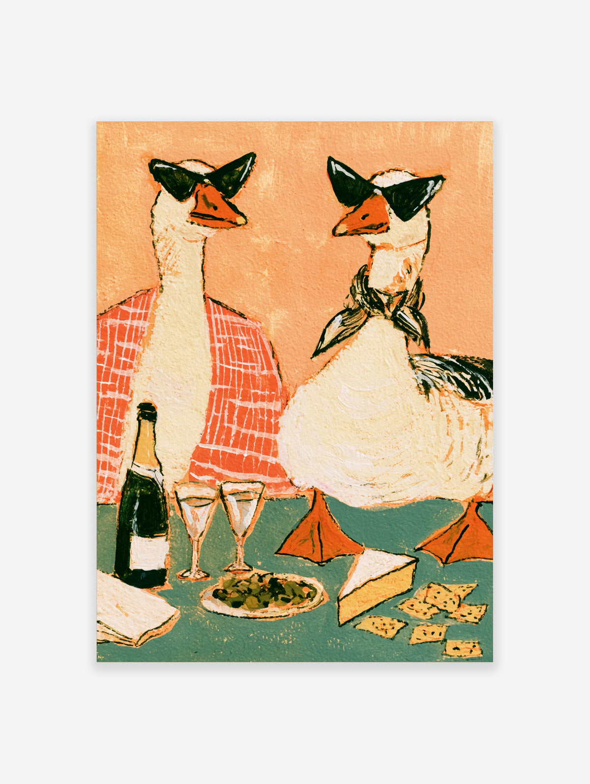 Quirky geese poster with two sunglasses-wearing birds, champagne, olives, and cheese on a teal table