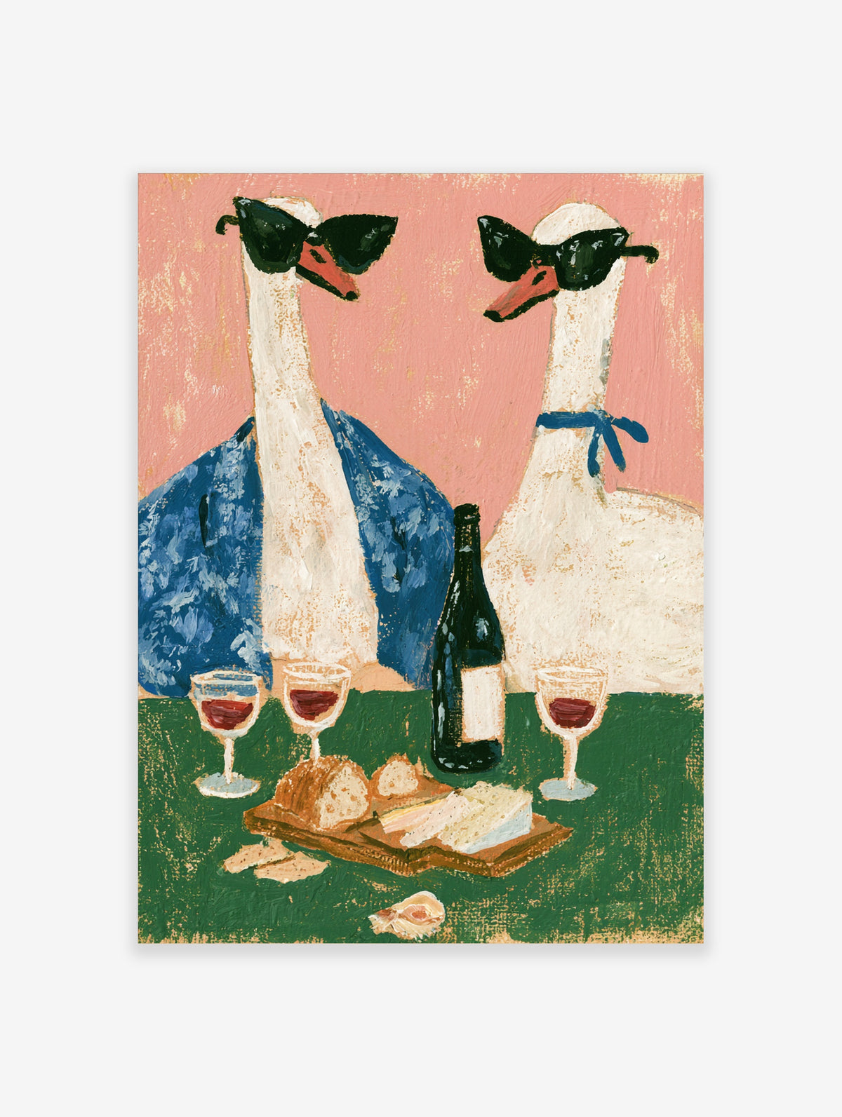 Two white geese in sunglasses and blue clothing with wine bottle and cheese on green table, pink background
