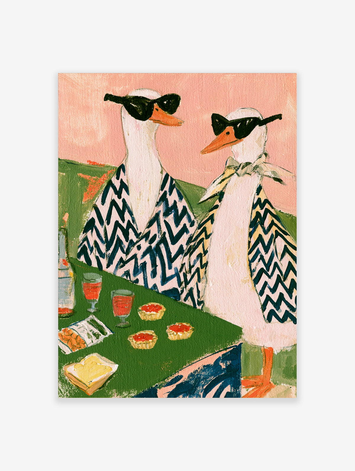 Two geese in sunglasses and zigzag tops at a green table with tarts and drinks, pink background