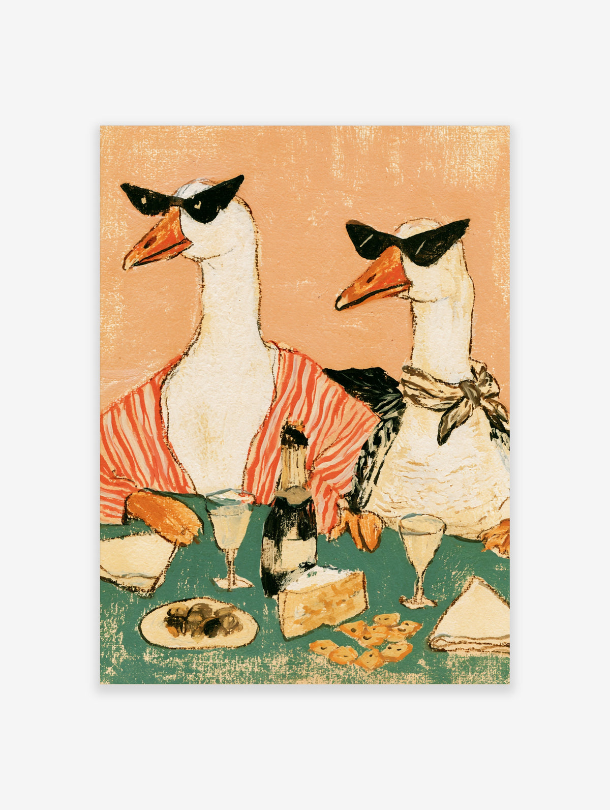 Two geese in sunglasses and shirts at a table with wine and cheese, funny animal poster