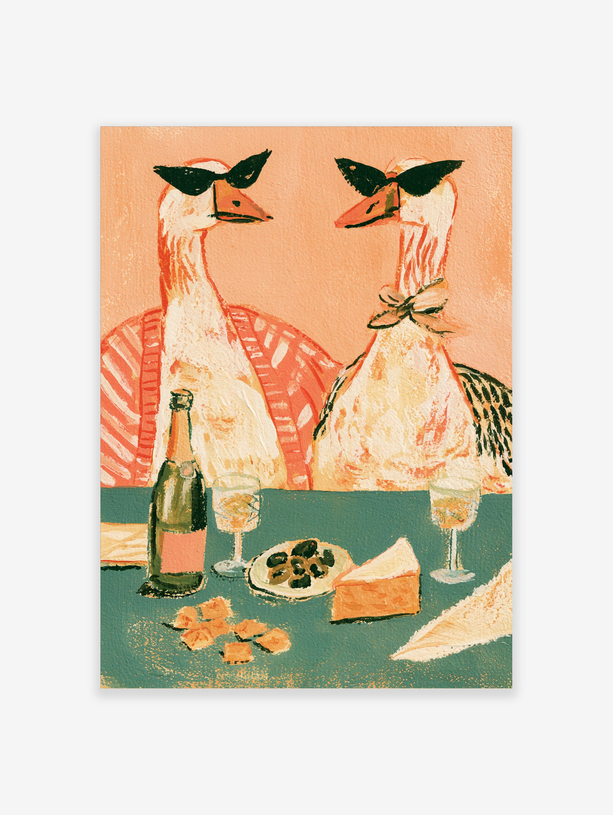 Two geese in sunglasses at a table with wine, cheese and olives, peach background art print
