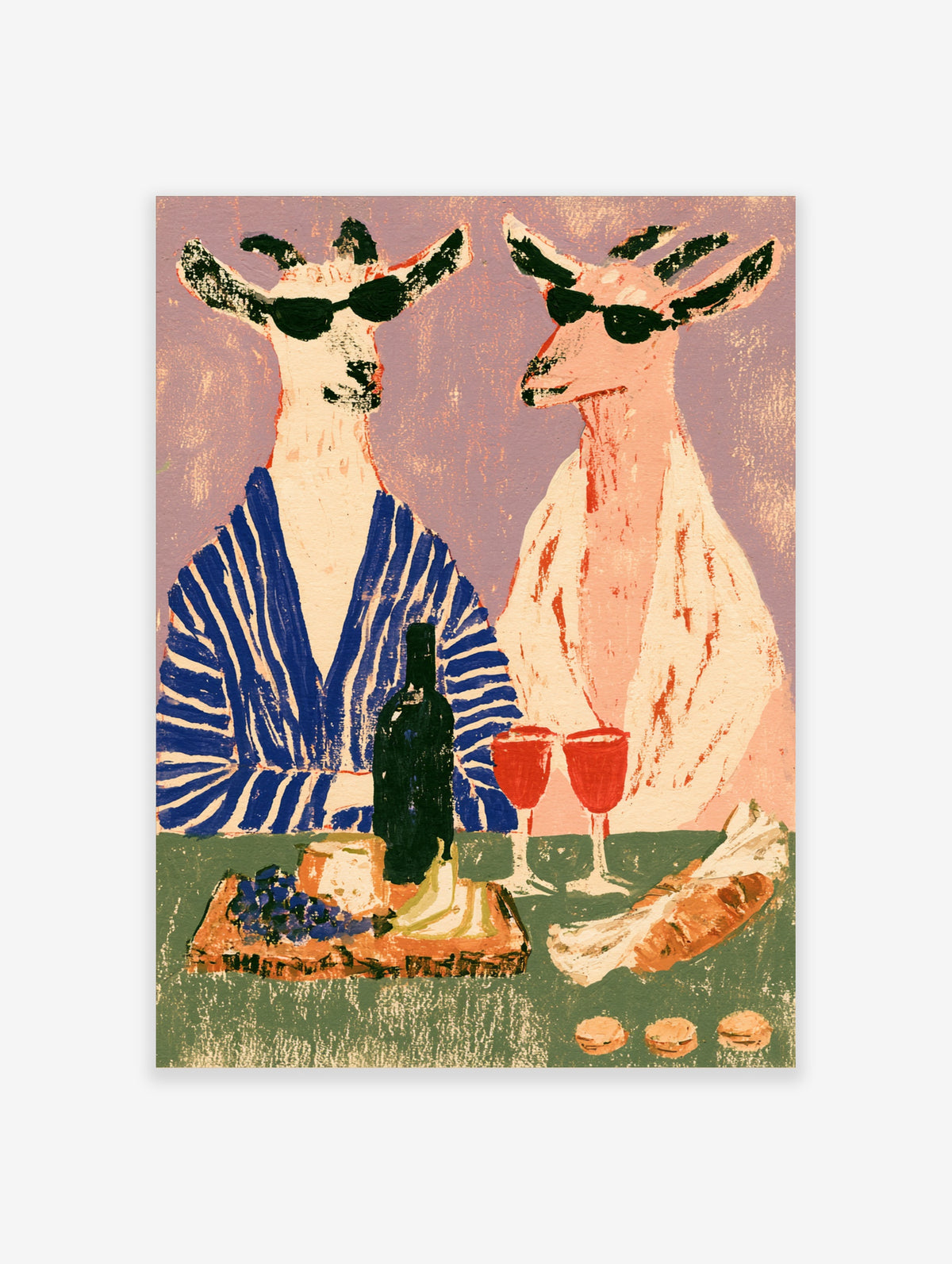 Two llamas in sunglasses and robes with wine, cheese and baguette on a green table, retro animal poster