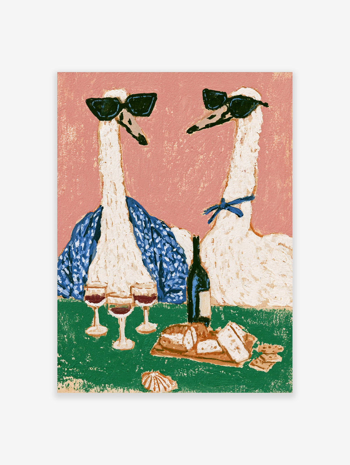 Two white ostriches in sunglasses with wine and cheese on a green table, pink background