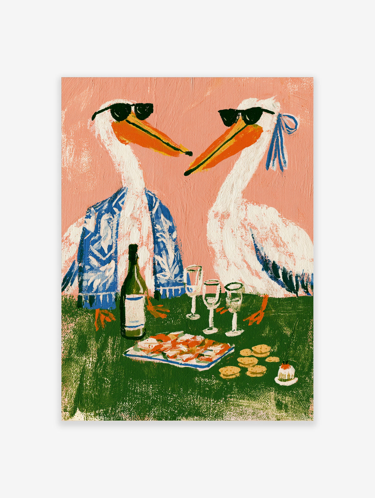 Two white pelicans in sunglasses and a blue shirt share wine and snacks on a green table against a pink background