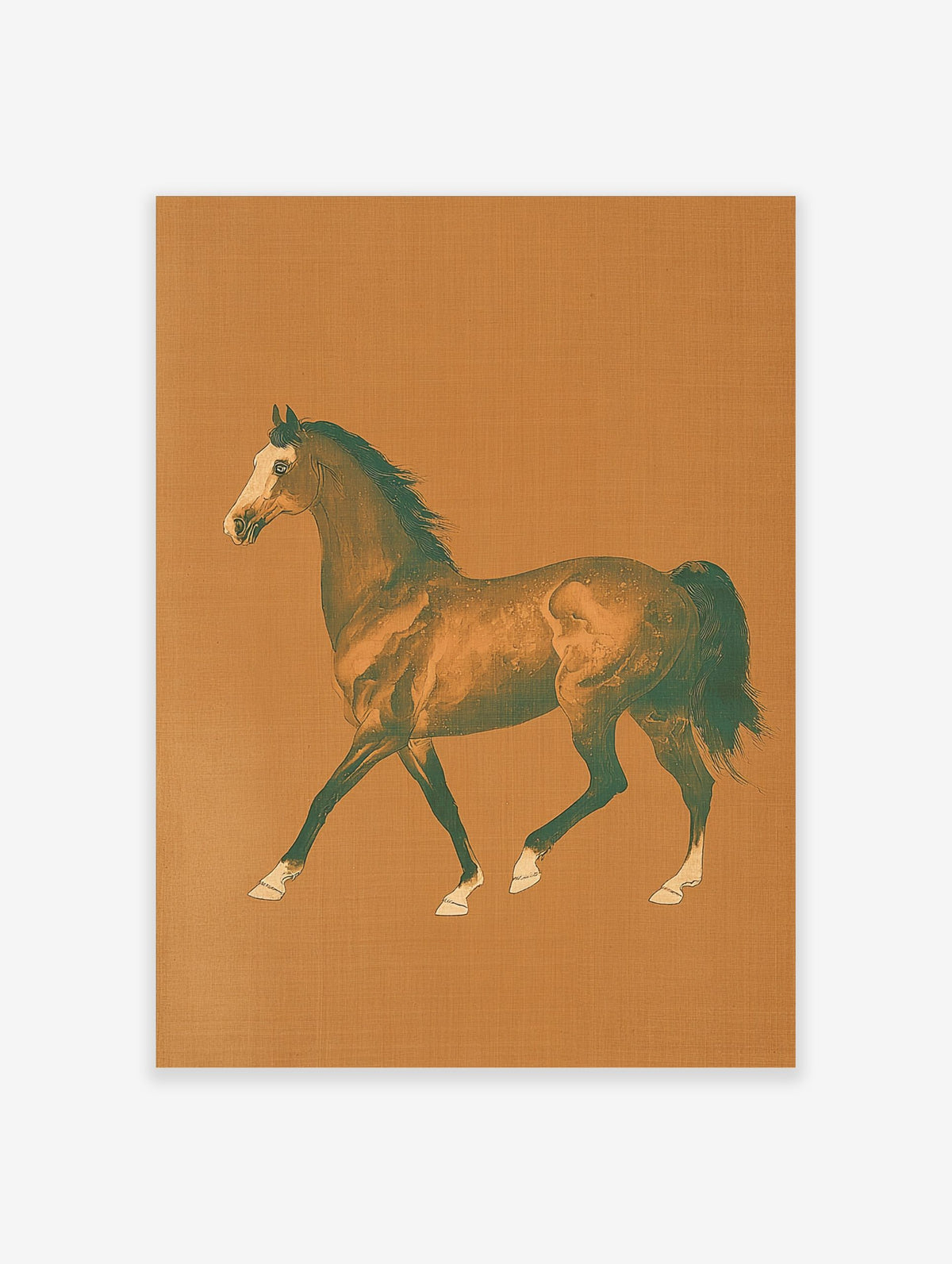 Illustrative print of a galloping horse with white blaze and dark mane against a plain brown background