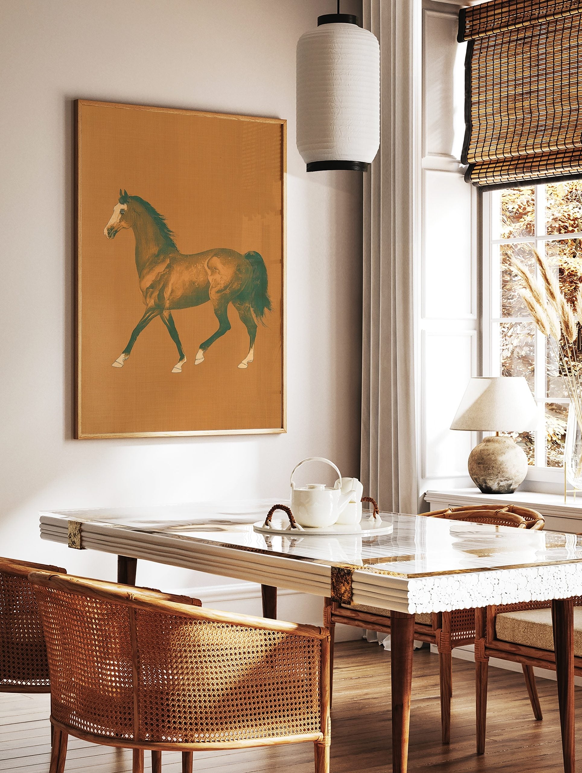 Illustrative print of a galloping horse with white blaze and dark mane against a plain brown, in a styled room mockup