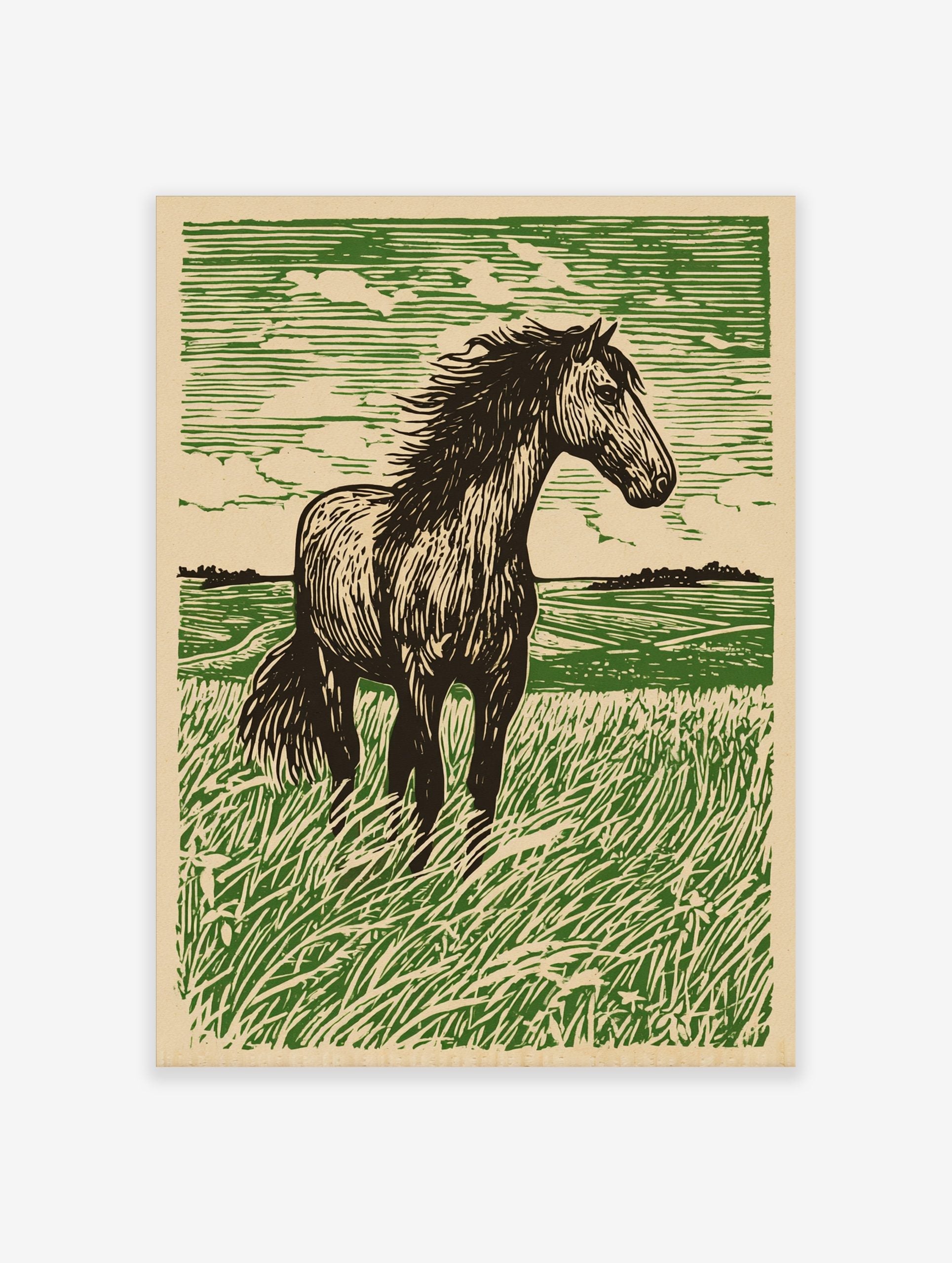 Linocut style art print of a dark green horse standing in a vibrant green field with a windswept mane