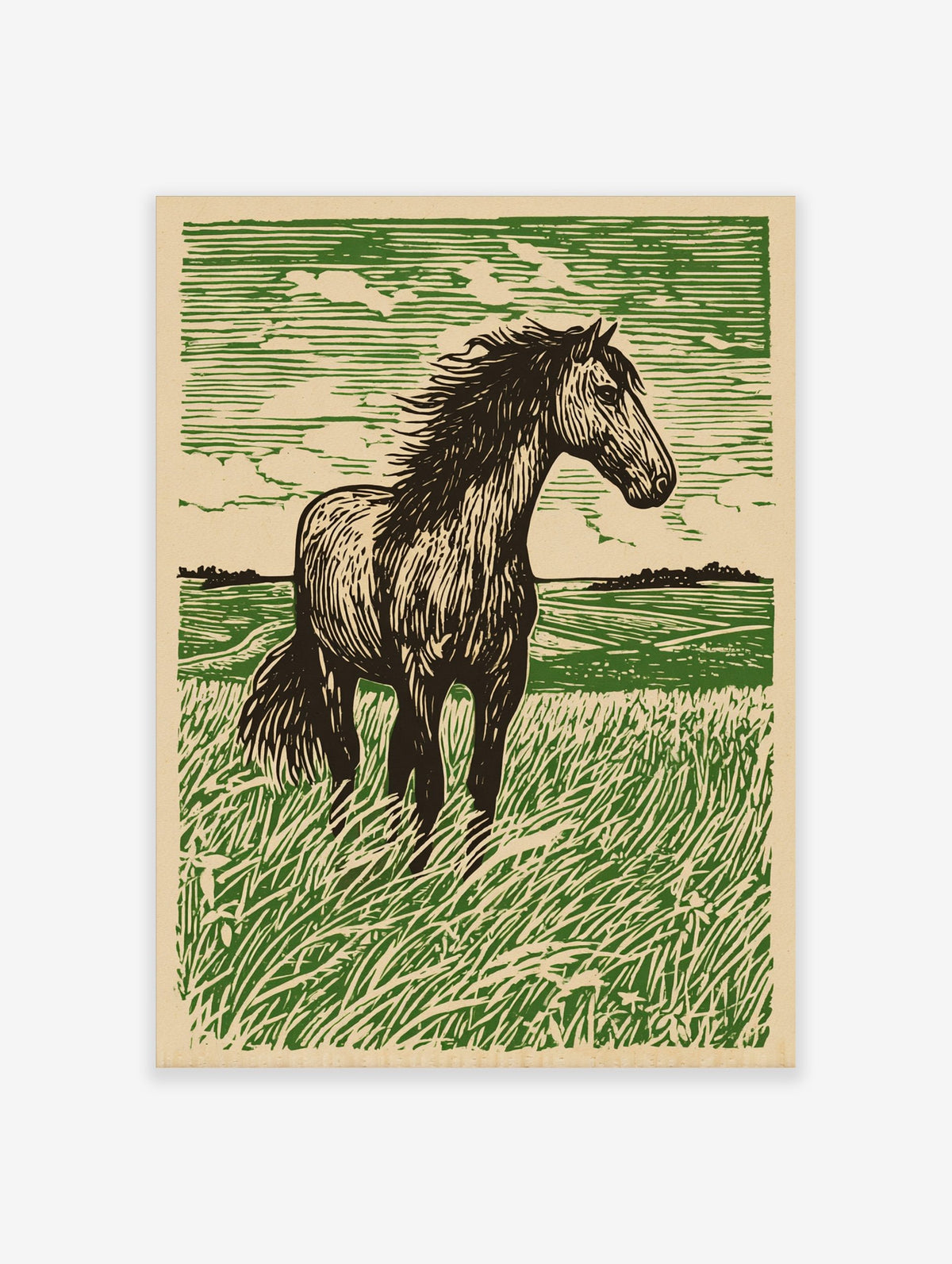 Linocut style art print of a dark green horse standing in a vibrant green field with a windswept mane