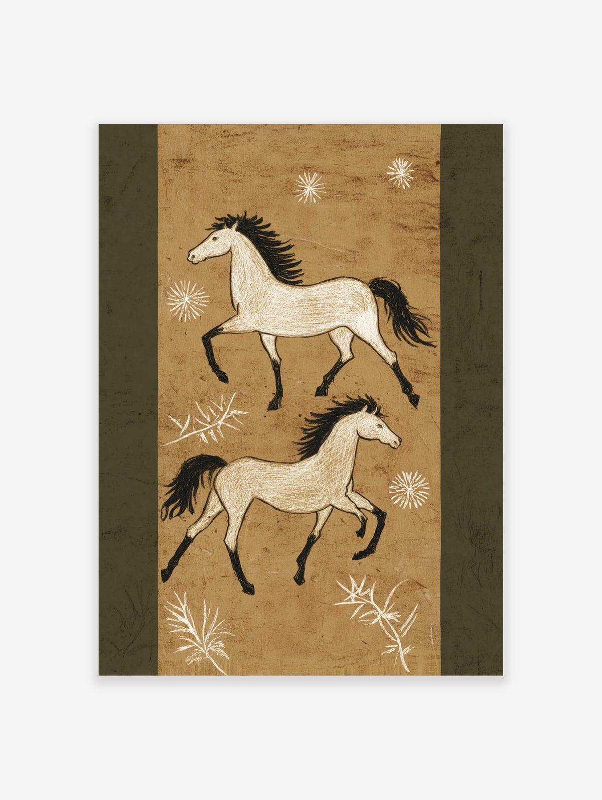 Two illustrative white horses with black manes and tails gallop on a textured tan background with white plant motifs