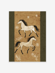 Two illustrative white horses with black manes and tails gallop on a textured tan background with white plant motifs