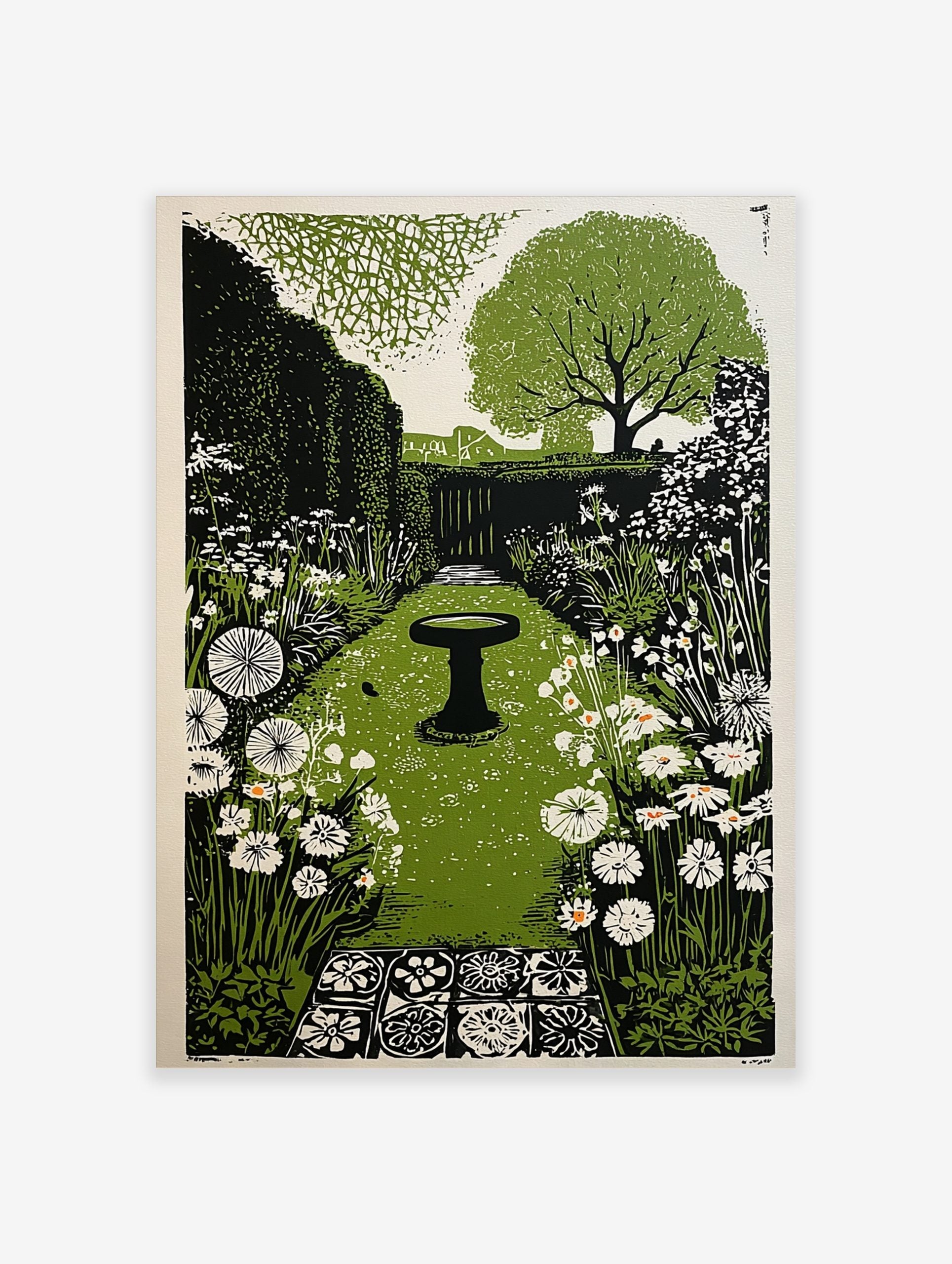 Illustrative garden print with central bird bath, green path, white flowers, and hedgerows