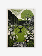 Illustrative garden print with central bird bath, green path, white flowers, and hedgerows