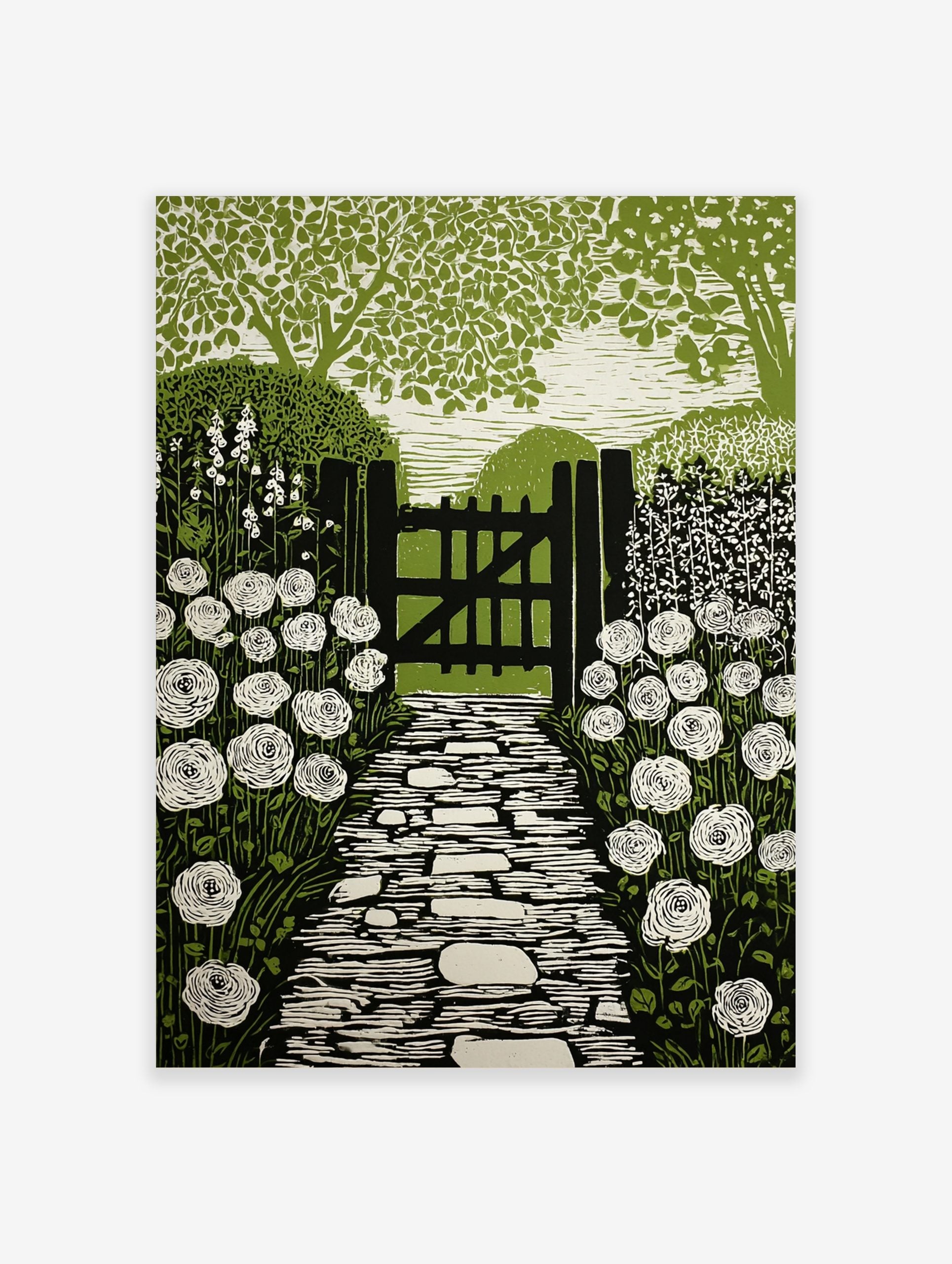 Linocut style print of a garden path leading to a wooden gate, flanked by white roses and green foliage