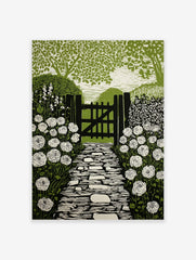 Linocut style print of a garden path leading to a wooden gate, flanked by white roses and green foliage