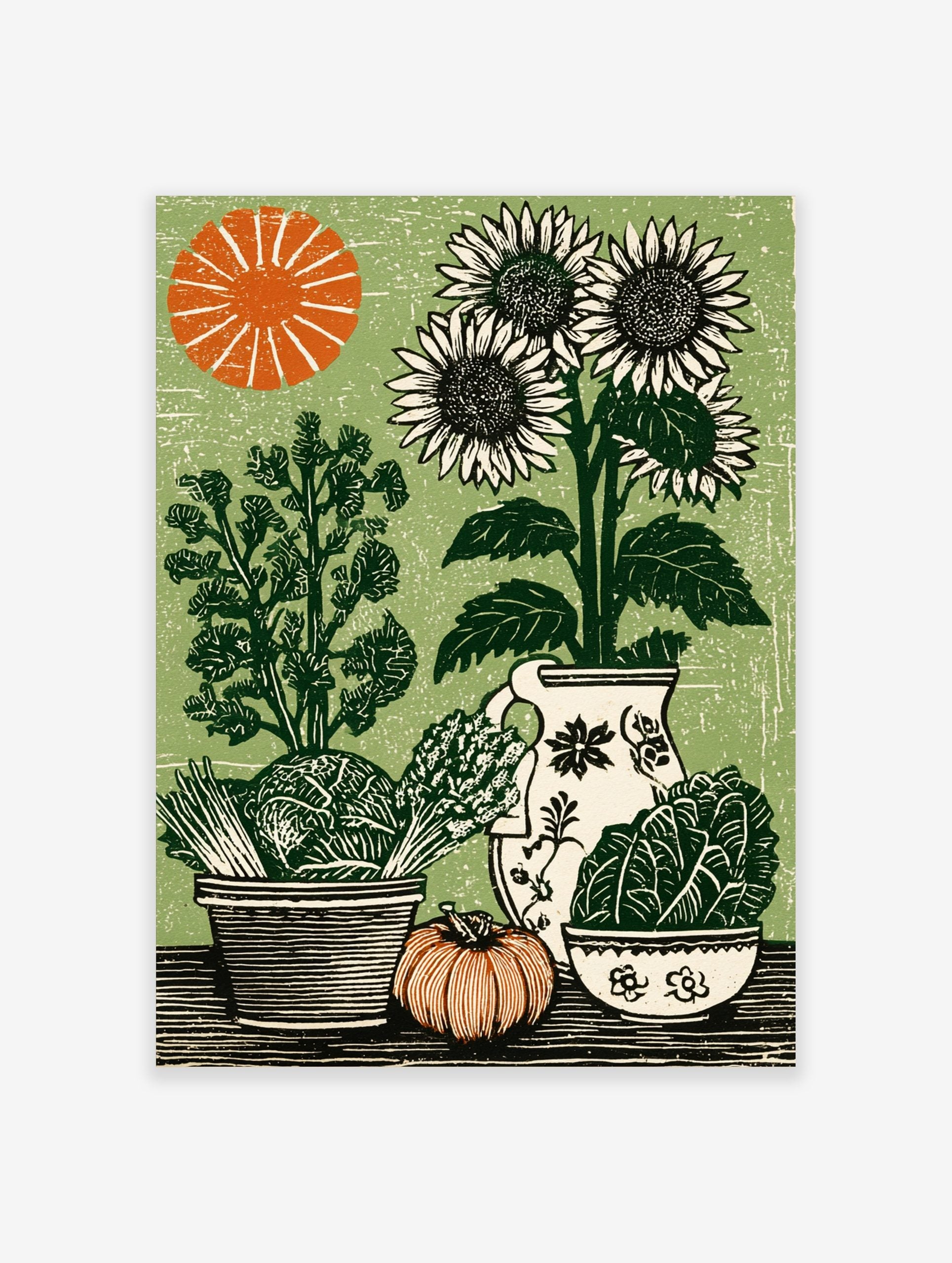 Linocut style botanical print of sunflowers, cabbage, asparagus, pumpkin, and sun on a green background