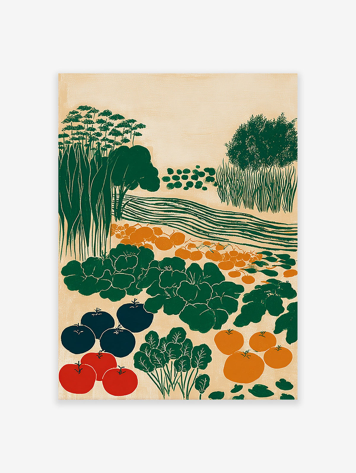 Garden harvest poster illustration featuring a field with red tomatoes, blue eggplants, orange gourds, green leafy plants, trees, and water.