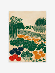 Garden harvest poster illustration featuring a field with red tomatoes, blue eggplants, orange gourds, green leafy plants, trees, and water.
