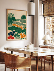 Garden harvest poster illustration featuring a field with red tomatoes, blue eggplants, orange gourds, green leafy plants, trees, and water. - Image 2