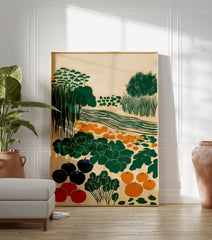 Garden harvest poster illustration featuring a field with red tomatoes, blue eggplants, orange gourds, green leafy plants, trees, and water. - Image 3