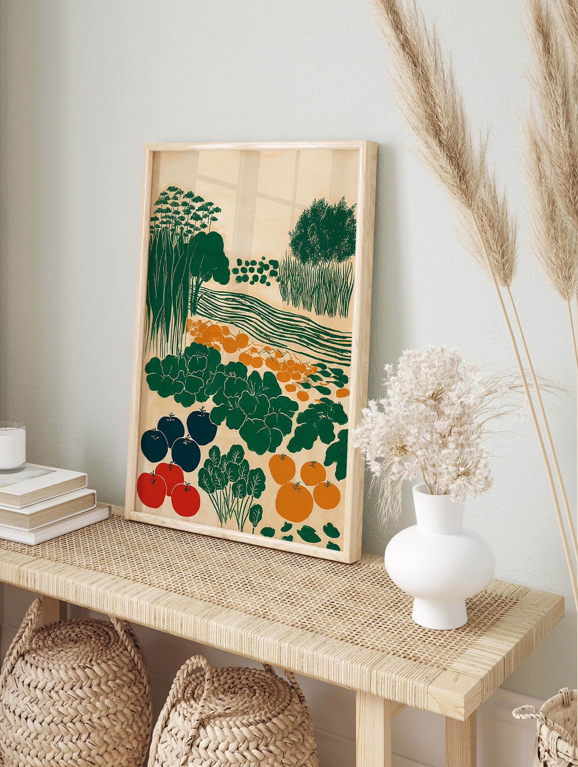 Garden harvest poster illustration featuring a field with red tomatoes, blue eggplants, orange gourds, green leafy plants, trees, and water. - Image 4