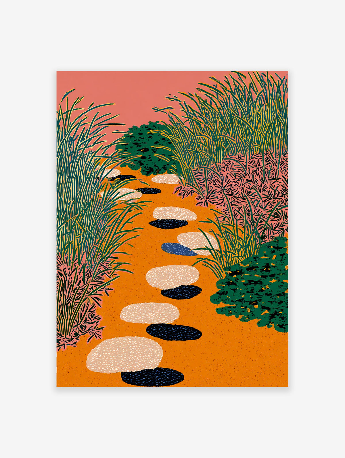 Illustrative Garden Path Art print with orange ground, pink sky, green foliage, and colorful stepping stones.