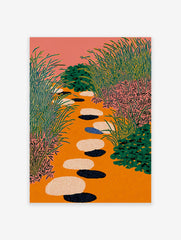 Illustrative Garden Path Art print with orange ground, pink sky, green foliage, and colorful stepping stones.