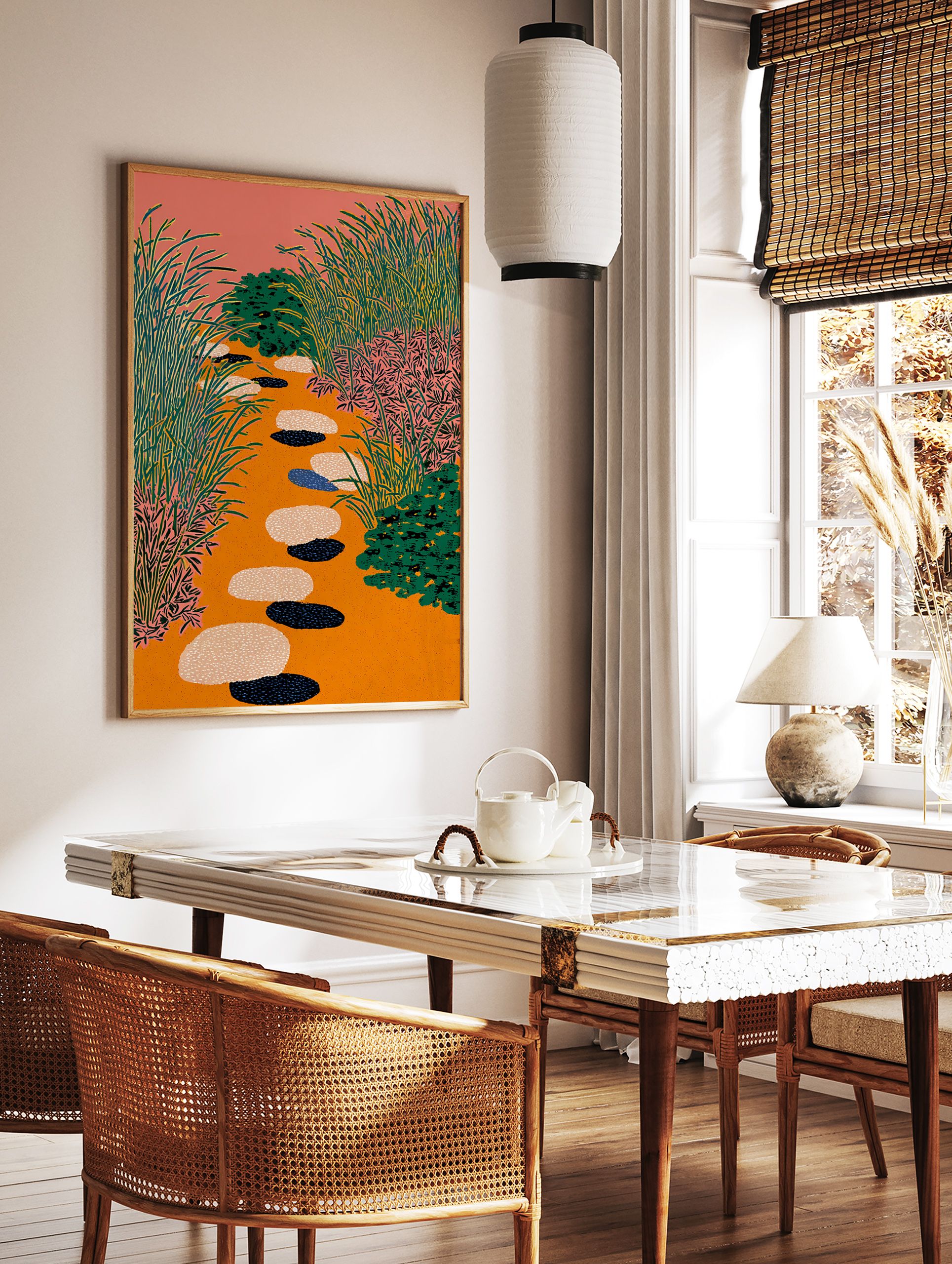 Illustrative Garden Path Art print with orange ground, pink sky, green foliage, and colorful stepping stones. - Image 2