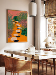 Illustrative Garden Path Art print with orange ground, pink sky, green foliage, and colorful stepping stones. - Image 2