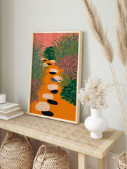 Illustrative Garden Path Art print with orange ground, pink sky, green foliage, and colorful stepping stones. - Image 3