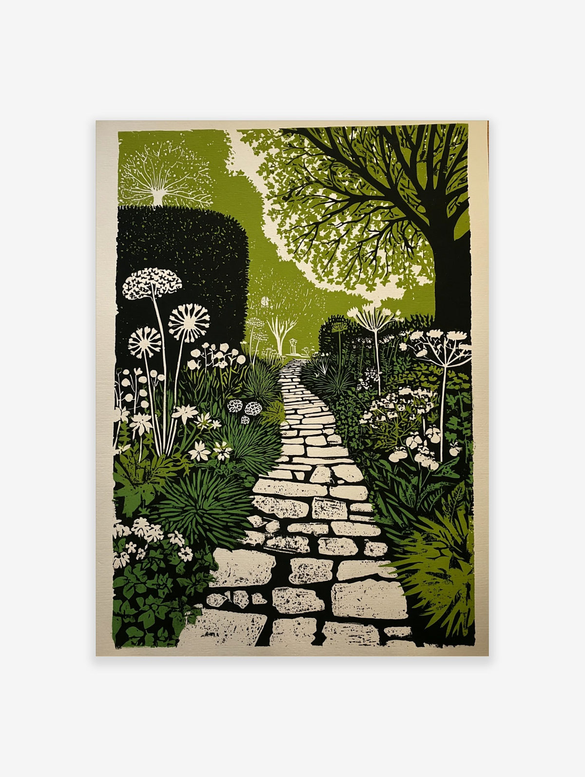 Illustrative garden path print with winding stone path, green foliage, and white flowers