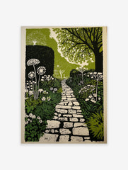 Illustrative garden path print with winding stone path, green foliage, and white flowers