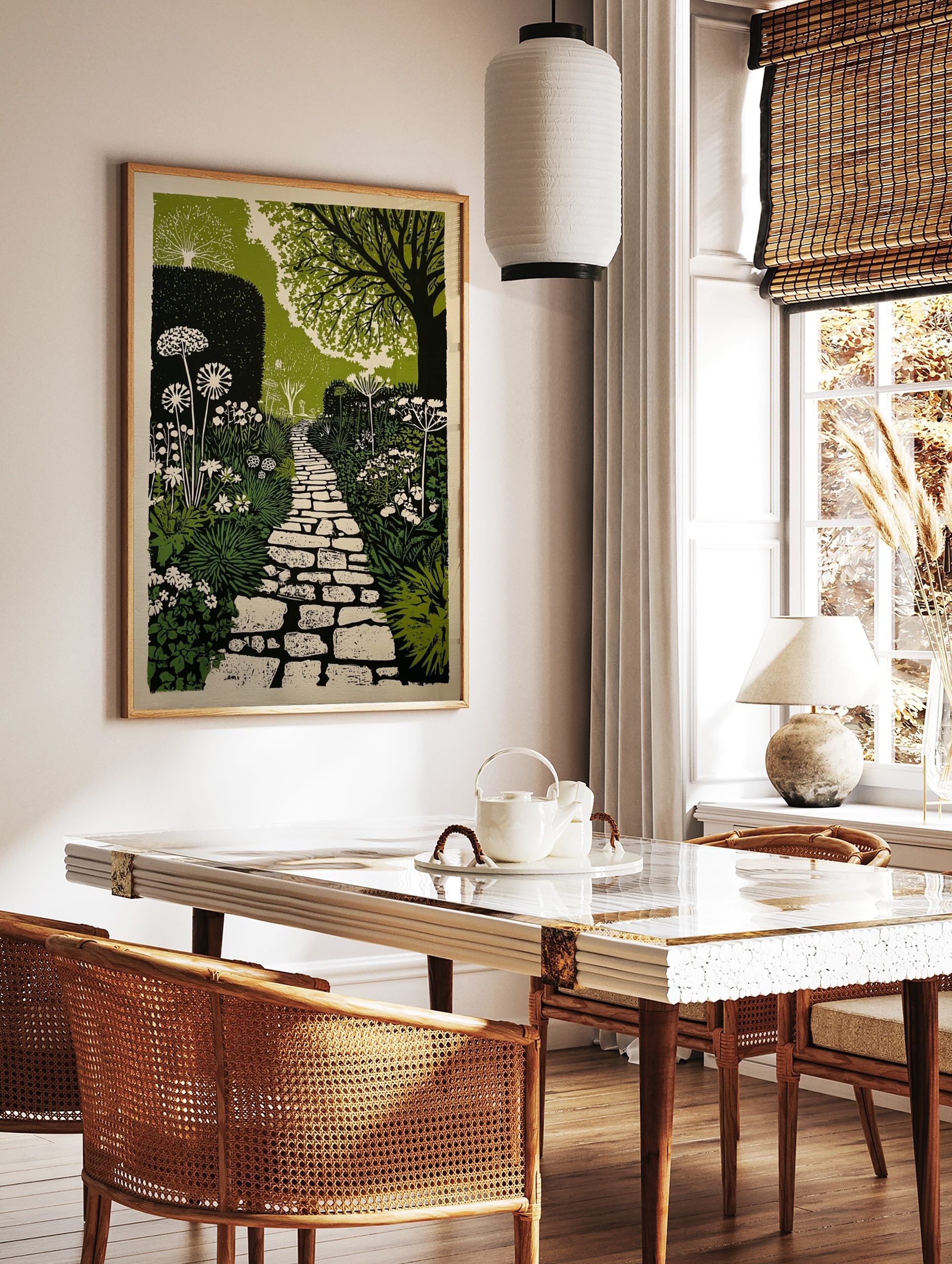 Illustrative garden path print with winding stone path, green foliage, and white flowers, in a styled room mockup