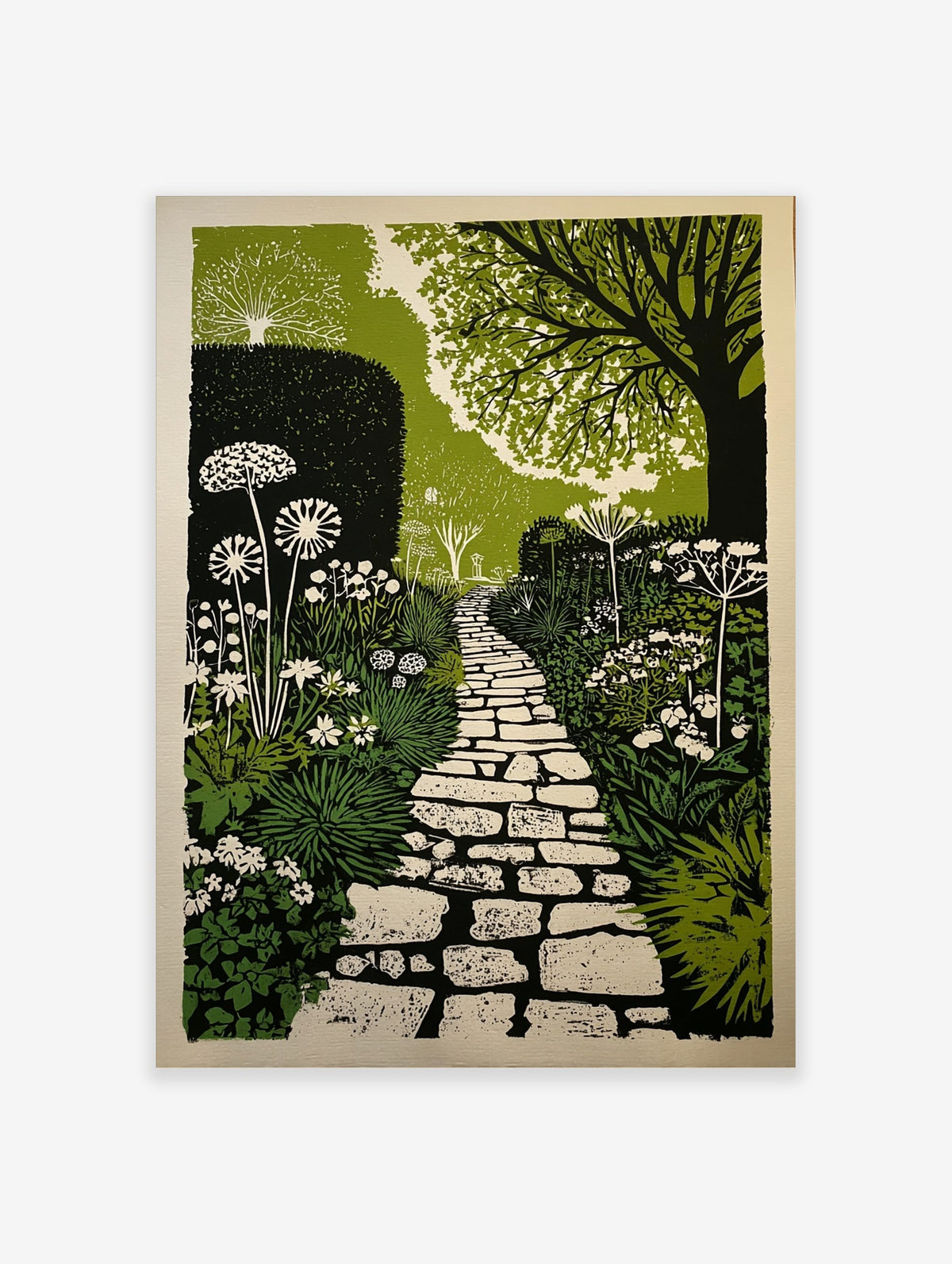 Illustrative garden path print with winding stone pathway, lush green foliage, and white flowers