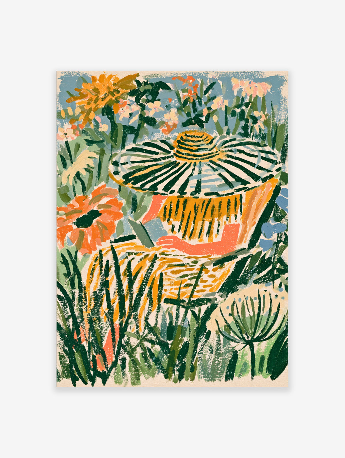 Colourful garden poster with figure in striped straw hat surrounded by orange and yellow flowers