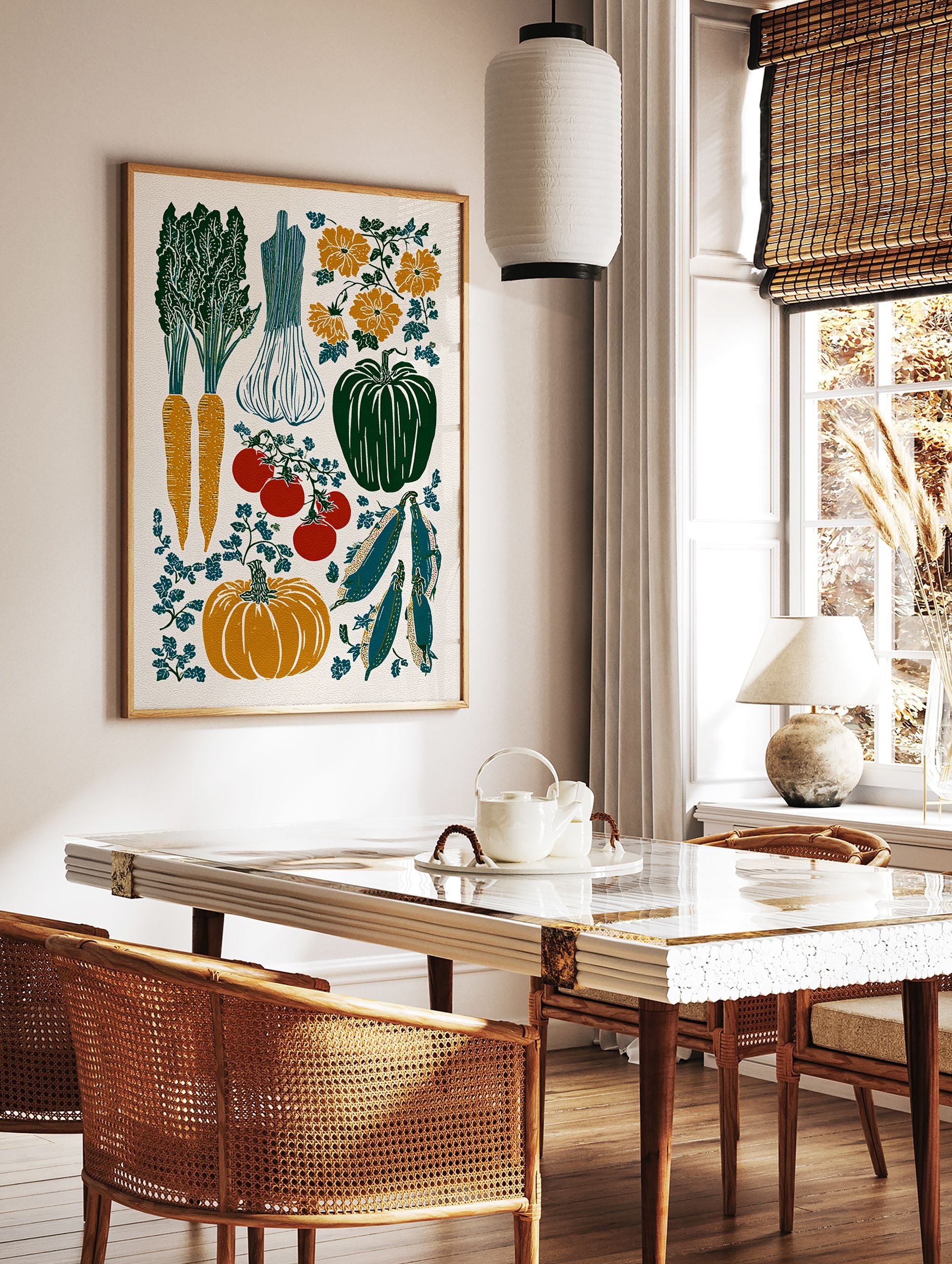 Illustrated garden vegetable poster featuring carrots, garlic, tomatoes, pumpkin, and peas in a vintage block print style. - Image 2