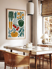 Illustrated garden vegetable poster featuring carrots, garlic, tomatoes, pumpkin, and peas in a vintage block print style. - Image 2