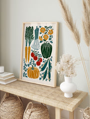 Illustrated garden vegetable poster featuring carrots, garlic, tomatoes, pumpkin, and peas in a vintage block print style. - Image 4