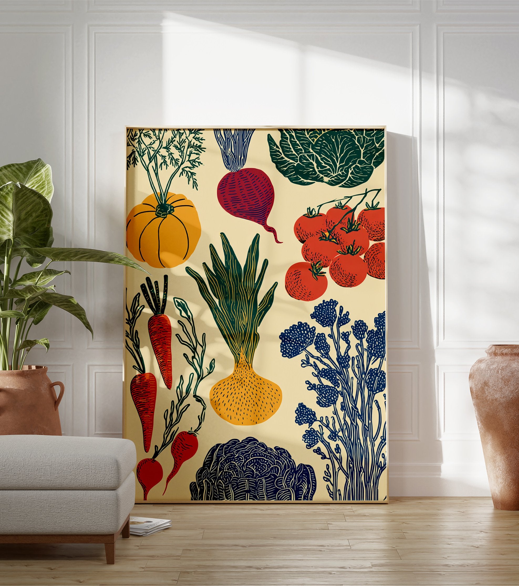 A garden vegetable poster featuring illustrations of pumpkin, carrots, onion, beetroot, tomatoes, and leafy greens in a vintage style. - Image 3