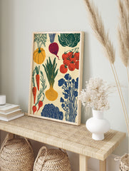 A garden vegetable poster featuring illustrations of pumpkin, carrots, onion, beetroot, tomatoes, and leafy greens in a vintage style. - Image 4