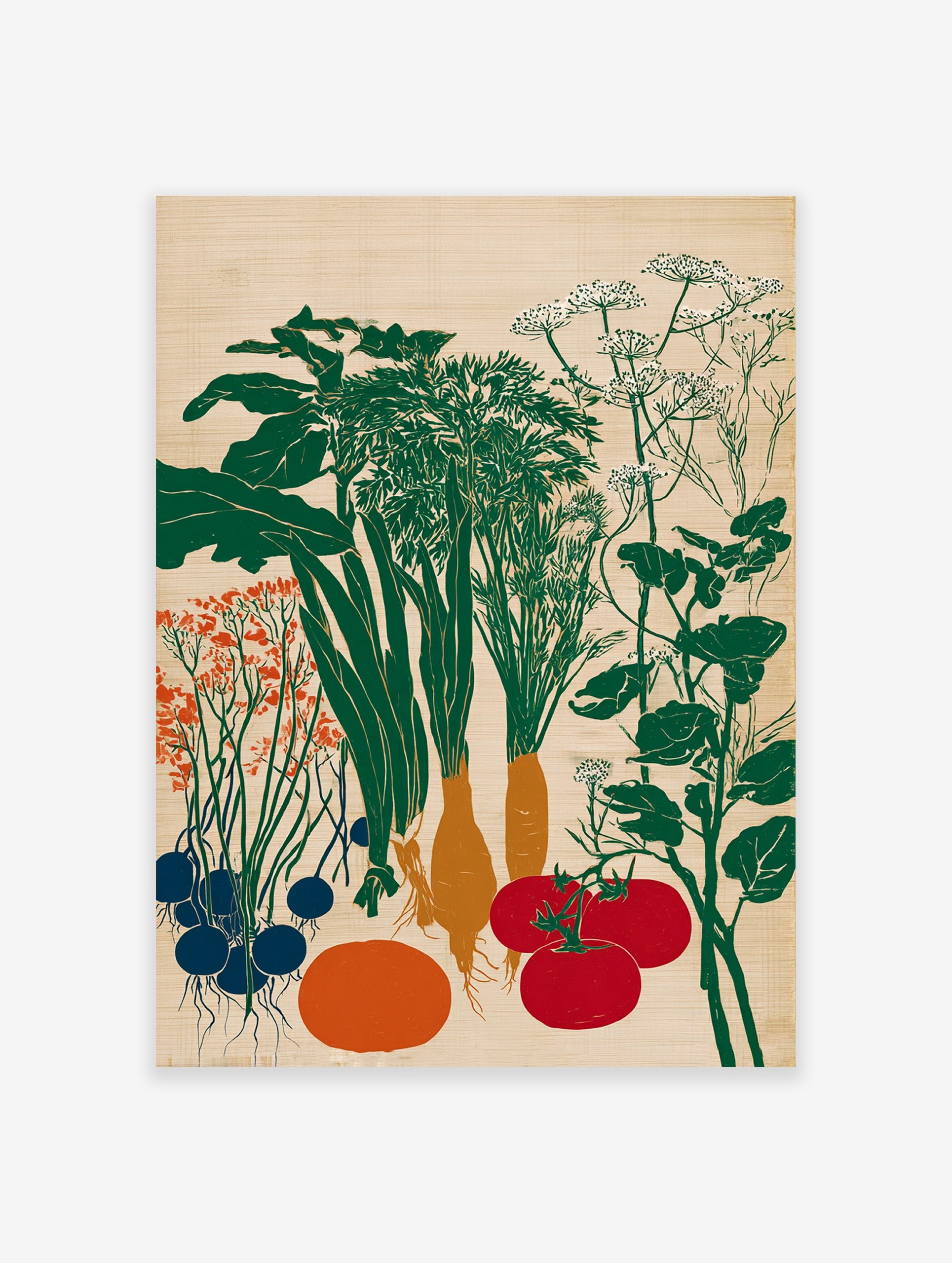 Garden vegetables poster illustration featuring green leafy plants, orange carrots, red tomatoes, and blue root vegetables on a light background.
