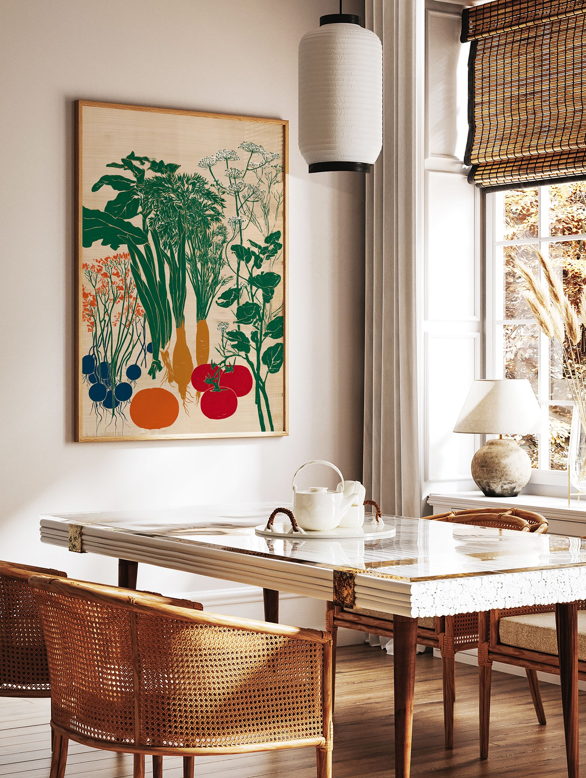 Garden vegetables poster illustration featuring green leafy plants, orange carrots, red tomatoes, and blue root vegetables on a light background. - Image 2
