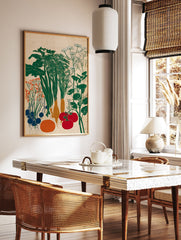 Garden vegetables poster illustration featuring green leafy plants, orange carrots, red tomatoes, and blue root vegetables on a light background. - Image 2
