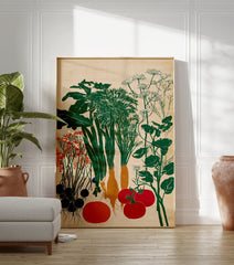 Garden vegetables poster illustration featuring green leafy plants, orange carrots, red tomatoes, and blue root vegetables on a light background. - Image 3