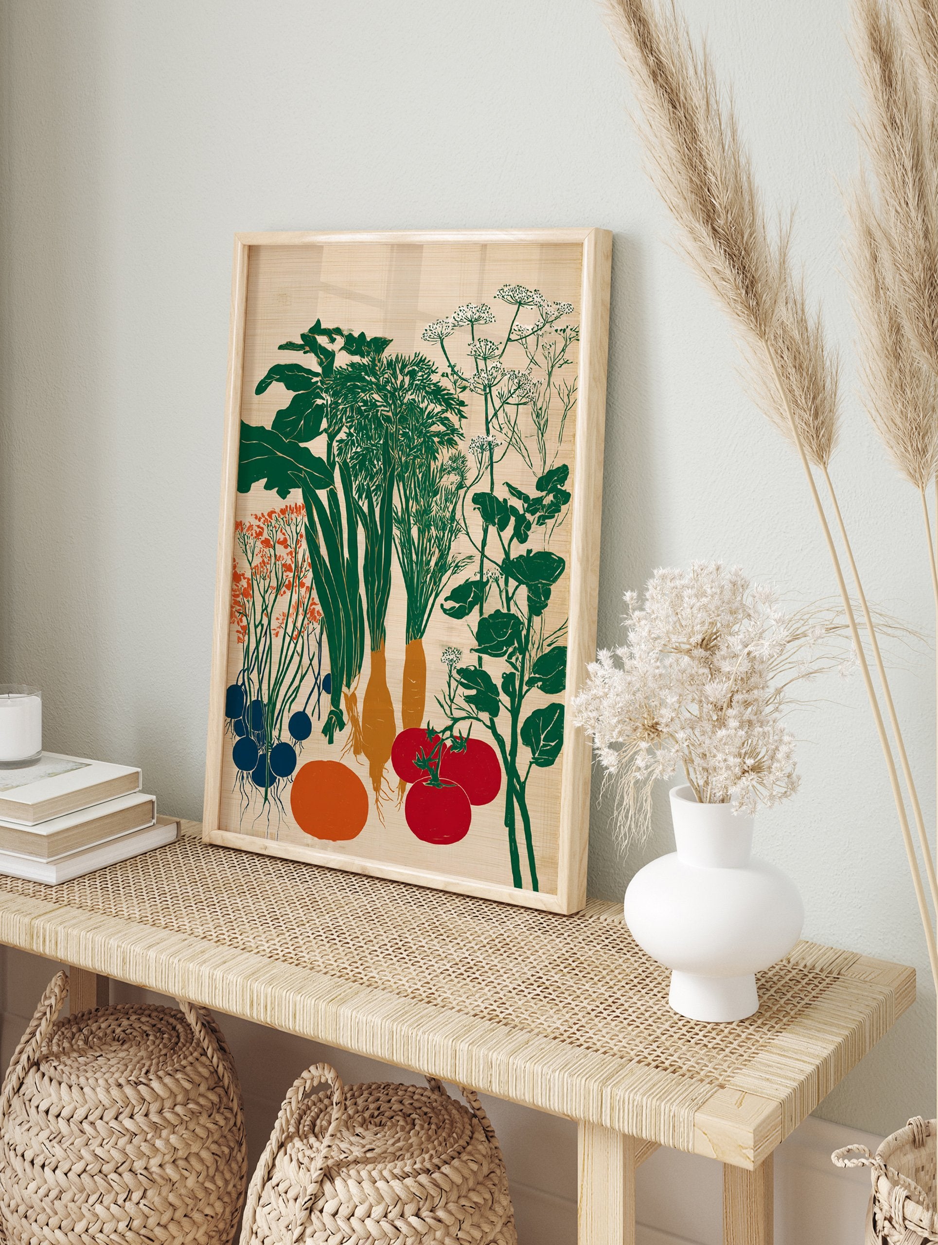 Garden vegetables poster illustration featuring green leafy plants, orange carrots, red tomatoes, and blue root vegetables on a light background. - Image 4