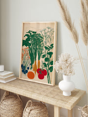 Garden vegetables poster illustration featuring green leafy plants, orange carrots, red tomatoes, and blue root vegetables on a light background. - Image 4