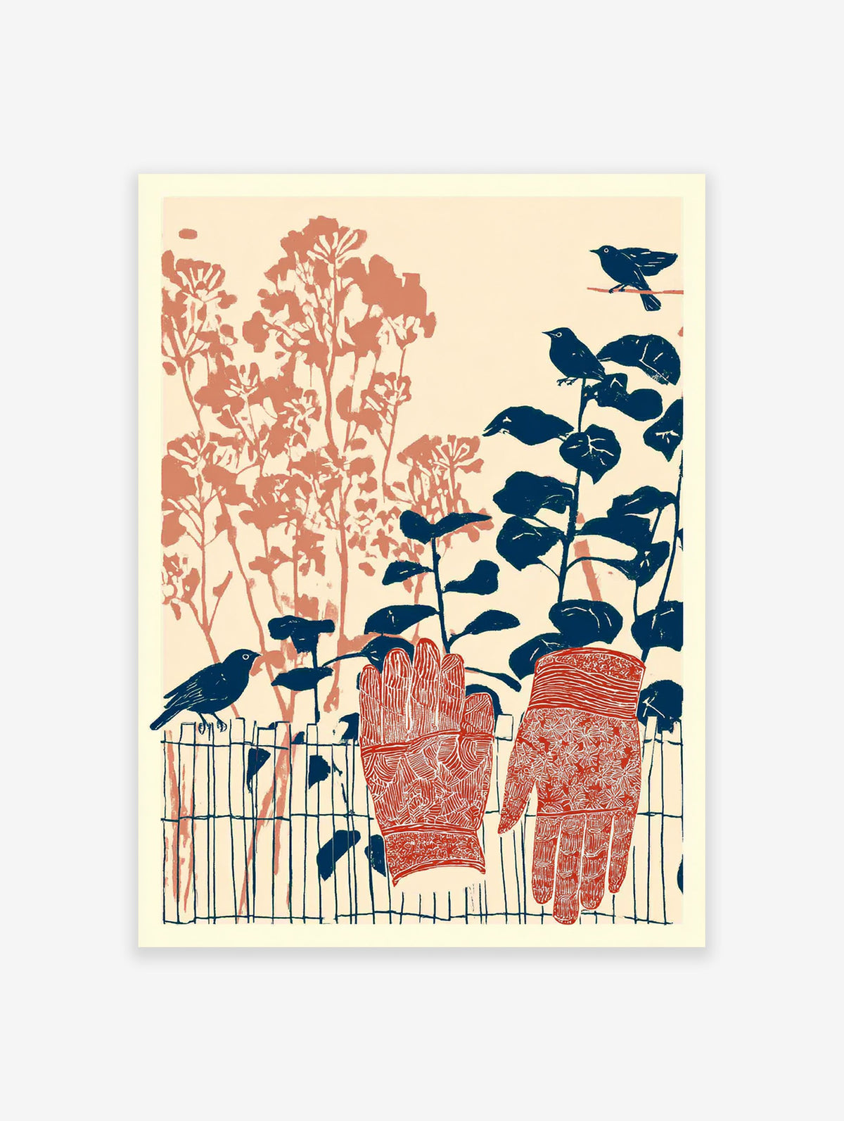 Illustrative Garden Wall Art print with blue birds, terracotta plants, and patterned gardening gloves on a fence.